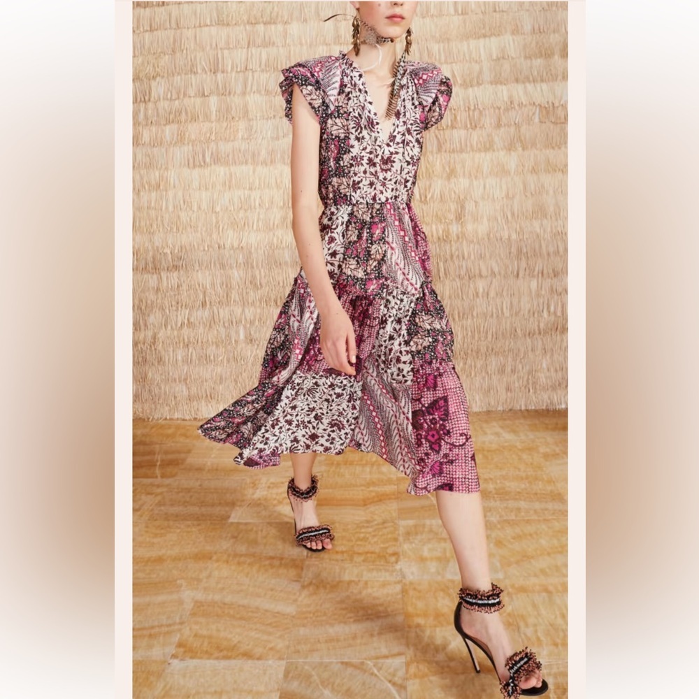 Ulla Johnson Asis Dress Midi Patchwork Size 8 Fuchsia Flutter Ruffle Feminine